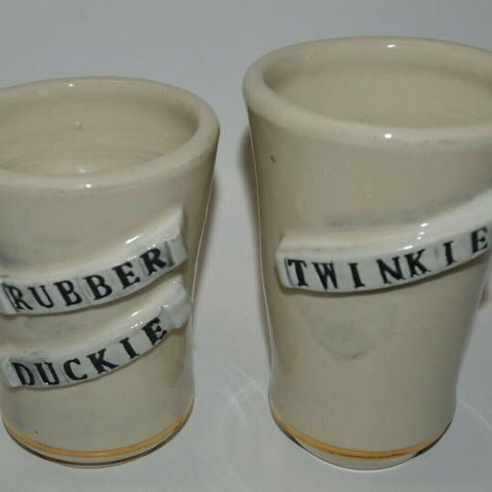 Vintage TWINKIE & Rubber Duckie Large Custom Handmade Heavy Coffee Mugs Couple